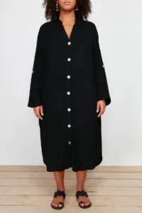 Trendyol Curve Black Midi Size Apolet Detailed Weaving Plus Size Beach Dress - Image 4