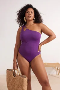 Trendyol Curve Purple One Shoulder Accessory Detailed Plus Size Swimsuit