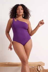 Trendyol Curve Purple One Shoulder Accessory Detailed Plus Size Swimsuit - Image 2