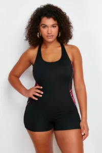 Trendyol Curve Black Cowl Neck Color Bloklu OF shorts Plus Size Swimsuit