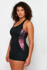 Trendyol Curve Black Cowl Neck Color Bloklu OF shorts Plus Size Swimsuit - Image 2