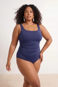 Trendyol Curve Navy Blue Square Neck Shirred Plus Size Swimsuit - Image 2