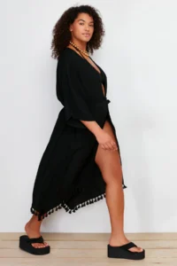 Trendyol Curve Black Skirt with Tassel Viscose beachwear Weaving Plus Size Kimono&Kaftan - Image 2
