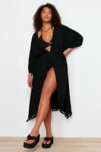 Trendyol Curve Black Skirt with Tassel Viscose beachwear Weaving Plus Size Kimono&Kaftan - Image 3