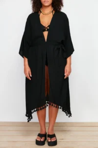 Trendyol Curve Black Skirt with Tassel Viscose beachwear Weaving Plus Size Kimono&Kaftan - Image 4