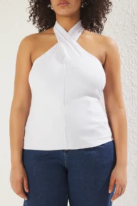 Trendyol Curve WHITE single jersey Barbell Neck Knitting Plus Size Blouse - Image 4
