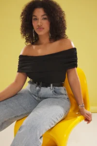 Trendyol Curve Black Carmen Collar Tulle Knitting Plus Size Blouse