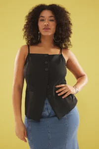 Trendyol Curve Black Sleeveless Cowl Neck buttoned Crepe Knitting Plus Size Blouse - Image 2
