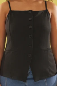 Trendyol Curve Black Sleeveless Cowl Neck buttoned Crepe Knitting Plus Size Blouse - Image 3