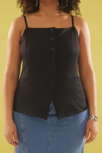 Trendyol Curve Black Sleeveless Cowl Neck buttoned Crepe Knitting Plus Size Blouse - Image 4