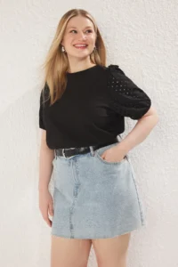 Trendyol Curve Black Soft Fabric Sleeves Frilly 100% Cotton Knitting Plus Size Blouse