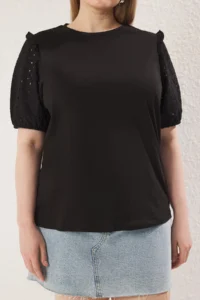 Trendyol Curve Black Soft Fabric Sleeves Frilly 100% Cotton Knitting Plus Size Blouse - Image 3
