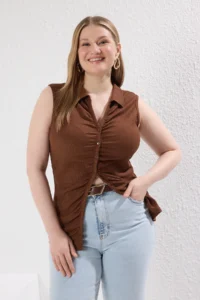 Trendyol Curve Brown Shirt Collar Shirred Knitting Plus Size Blouse