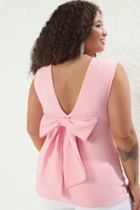 Trendyol Curve Pink Sleeveless Low-cut back with bow Chic Weaving Plus Size Blouse
