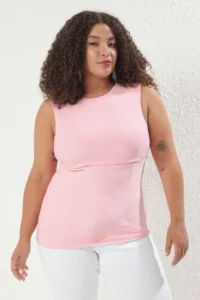 Trendyol Curve Pink Sleeveless Low-cut back with bow Chic Weaving Plus Size Blouse - Image 2