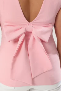 Trendyol Curve Pink Sleeveless Low-cut back with bow Chic Weaving Plus Size Blouse - Image 3