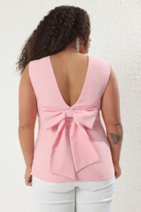 Trendyol Curve Pink Sleeveless Low-cut back with bow Chic Weaving Plus Size Blouse - Image 4
