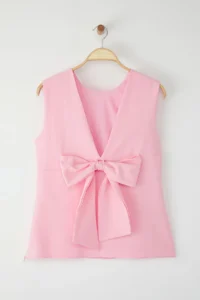 Trendyol Curve Pink Sleeveless Low-cut back with bow Chic Weaving Plus Size Blouse - Image 5