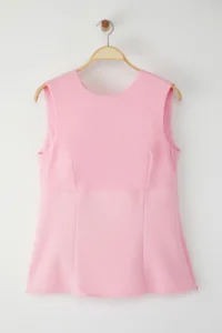 Trendyol Curve Pink Sleeveless Low-cut back with bow Chic Weaving Plus Size Blouse - Image 6