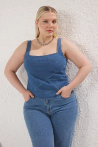 Trendyol Curve Mavi Square Neck Sleeveless Crop comfort/Medium Flexible DENIM Plus Size Blouse - Image 2