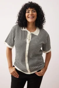 Trendyol Curve Black-Cream Polo Shirt Collar Striped Seasonal Knitwear Blouse