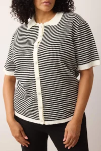 Trendyol Curve Black-Cream Polo Shirt Collar Striped Seasonal Knitwear Blouse - Image 3
