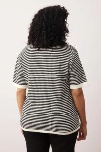Trendyol Curve Black-Cream Polo Shirt Collar Striped Seasonal Knitwear Blouse - Image 4