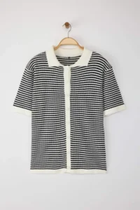 Trendyol Curve Black-Cream Polo Shirt Collar Striped Seasonal Knitwear Blouse - Image 5