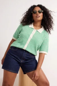 Trendyol Curve Green Polo Shirt Collar Striped Seasonal Knitwear Blouse