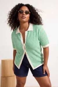Trendyol Curve Green Polo Shirt Collar Striped Seasonal Knitwear Blouse - Image 2
