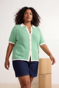 Trendyol Curve Green Polo Shirt Collar Striped Seasonal Knitwear Blouse - Image 3
