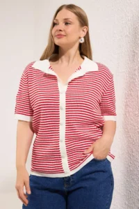 Trendyol Curve Red Polo Shirt Collar Striped Seasonal Knitwear Blouse - Image 2
