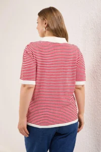 Trendyol Curve Red Polo Shirt Collar Striped Seasonal Knitwear Blouse - Image 4