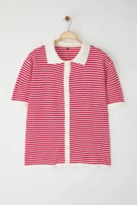Trendyol Curve Red Polo Shirt Collar Striped Seasonal Knitwear Blouse - Image 5