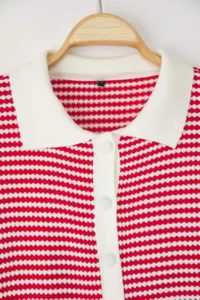 Trendyol Curve Red Polo Shirt Collar Striped Seasonal Knitwear Blouse - Image 6