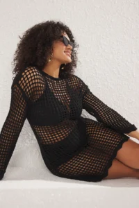 Trendyol Curve Black Boat Neck Mini Knitwear Beach Dress