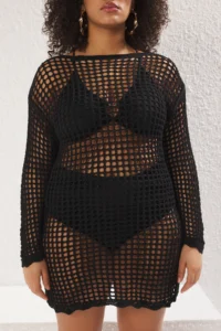 Trendyol Curve Black Boat Neck Mini Knitwear Beach Dress - Image 3