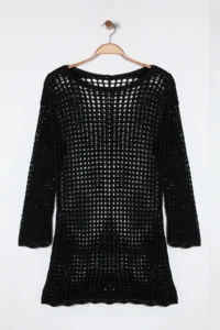 Trendyol Curve Black Boat Neck Mini Knitwear Beach Dress - Image 6