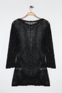Trendyol Curve Black Boat Neck Mini Knitwear Beach Dress - Image 9