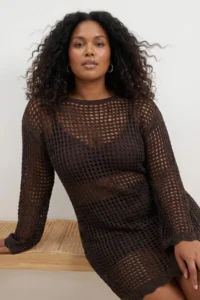 Trendyol Curve Brown Boat Neck Mini Knitwear Beach Dress