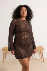 Trendyol Curve Brown Boat Neck Mini Knitwear Beach Dress - Image 2