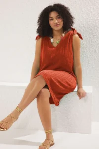 Trendyol Curve beachwear Brick Red Bow Detail crinkle textured Material Dress - Image 5
