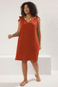 Trendyol Curve beachwear Brick Red Bow Detail crinkle textured Material Dress - Image 6
