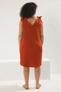 Trendyol Curve beachwear Brick Red Bow Detail crinkle textured Material Dress - Image 9