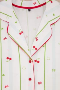Trendyol Curve Ecru-Multicolored 100% Cotton Cherry Printed Piped Knitting Pajama Set - Image 3