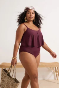 Trendyol Curve Plum Ruffle Detailed Round Neck Sleeveless Plus Size Swimsuit - Image 2