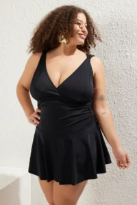 Trendyol Curve Black Deep V-neck Drawstring Strap Detailed Skirt Plus Size Swimsuit - Image 2