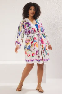Trendyol Curve Multicolored flower patterned Belted Mini Weaving Balloon Kollu 100% Cotton Kimono&Kaftan - Image 2