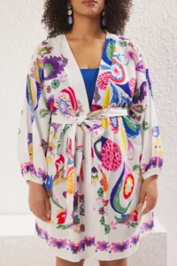 Trendyol Curve Multicolored flower patterned Belted Mini Weaving Balloon Kollu 100% Cotton Kimono&Kaftan - Image 3