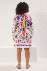 Trendyol Curve Multicolored flower patterned Belted Mini Weaving Balloon Kollu 100% Cotton Kimono&Kaftan - Image 5